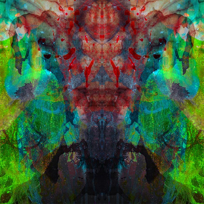 Marc Sinan – Schlachten: Bildausschnitt von Number of the Beast mit abstrakten bunten Innereien und Blut gespiegelt