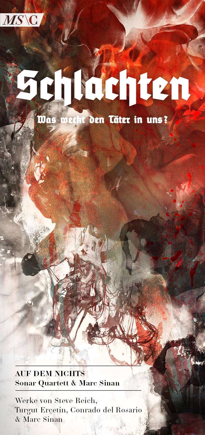 Marc Sinan – Schlachten: Flyer Auf dem Nichts mit abstrakten Innereien und Blut gespiegelt