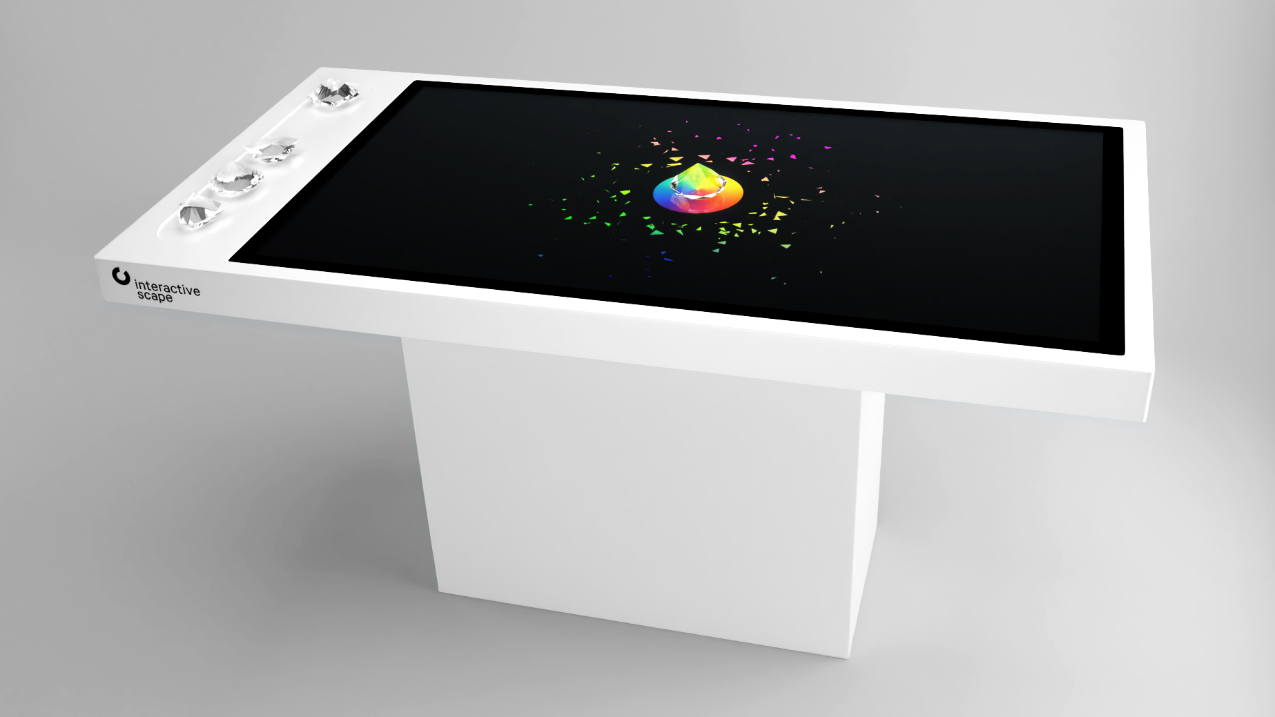 3D Rendering von einem Tisch mit Objekterkennung mit schwarzem Display und einem transparentem Glas-Diamant auf einer Regenbogenanimation (Interactive Scape Diamond Demo)