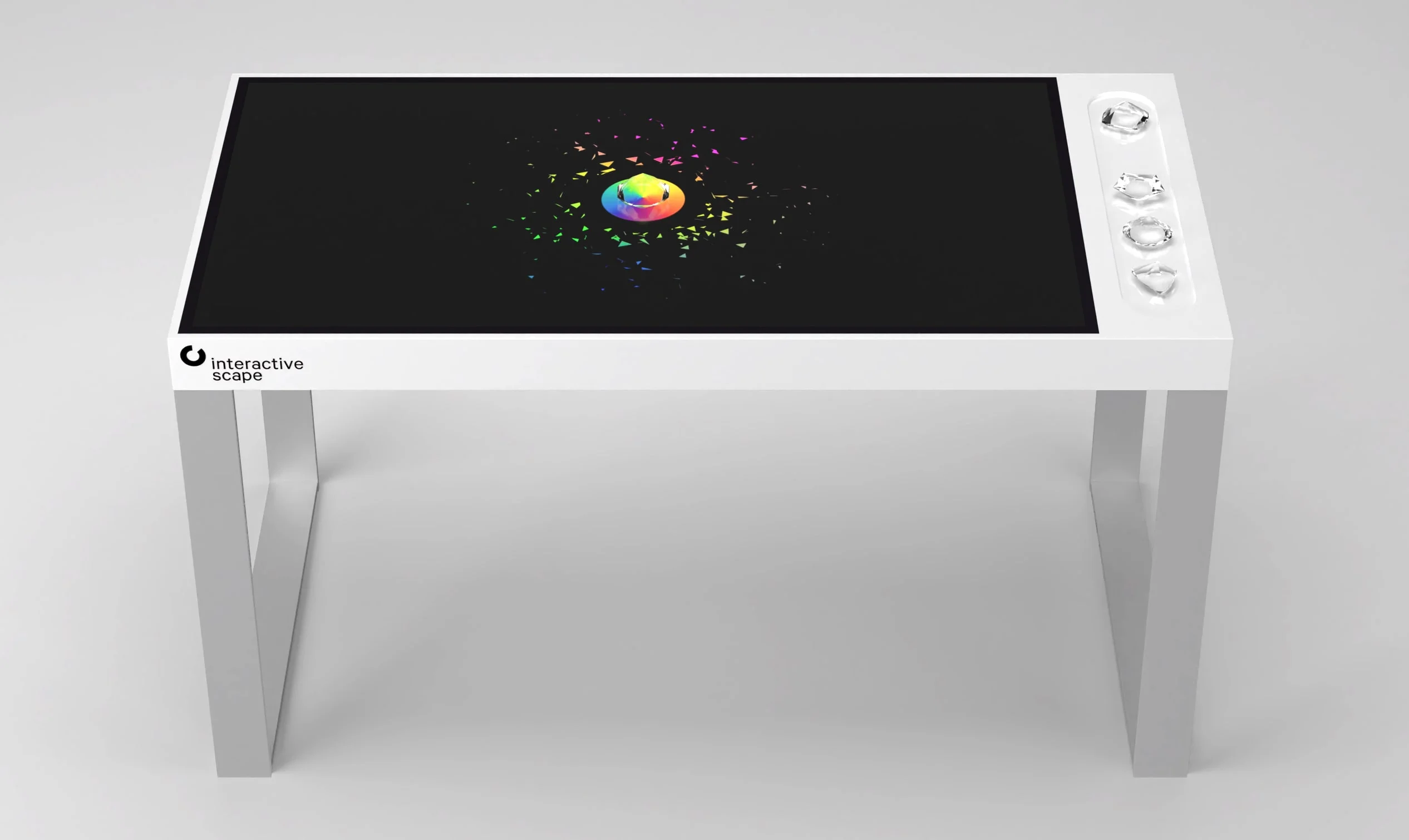 3D Rendering von einem Tisch mit Objekterkennung mit schwarzem Display und einem transparentem Glas-Diamant auf einer Regenbogenanimation (Interactive Scape Diamond Demo)