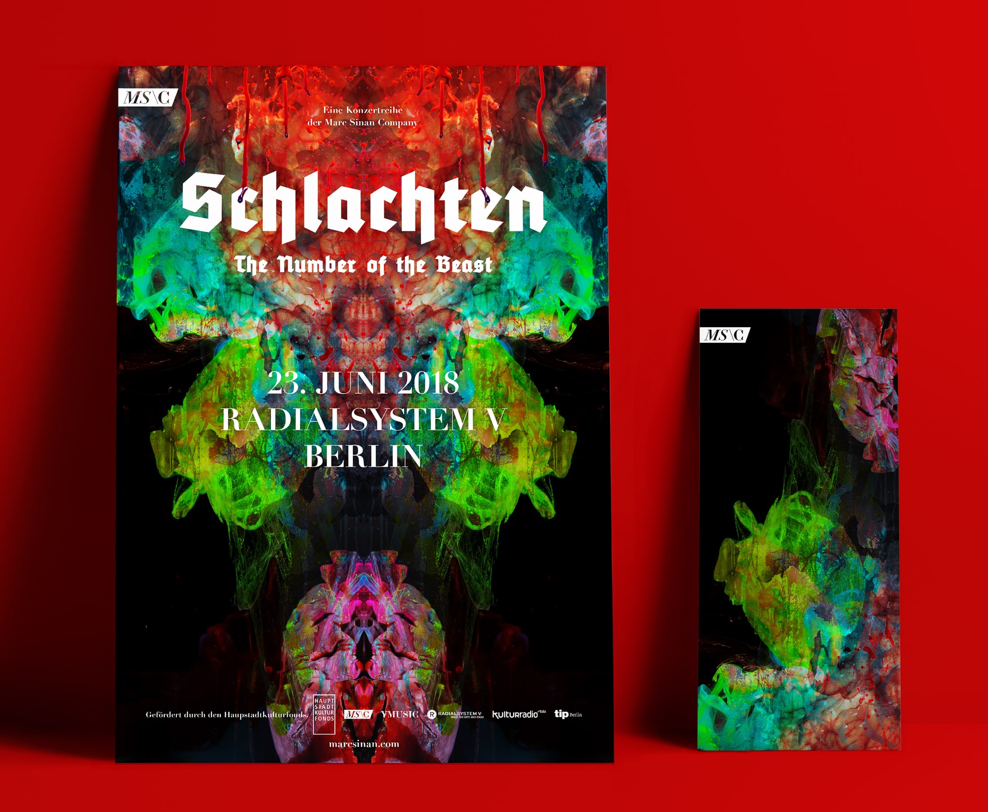 Marc Sinan – Schlachten: Poster ohne Text Number of the Beast mit abstrakten bunten Innereien und Blut gespiegelt