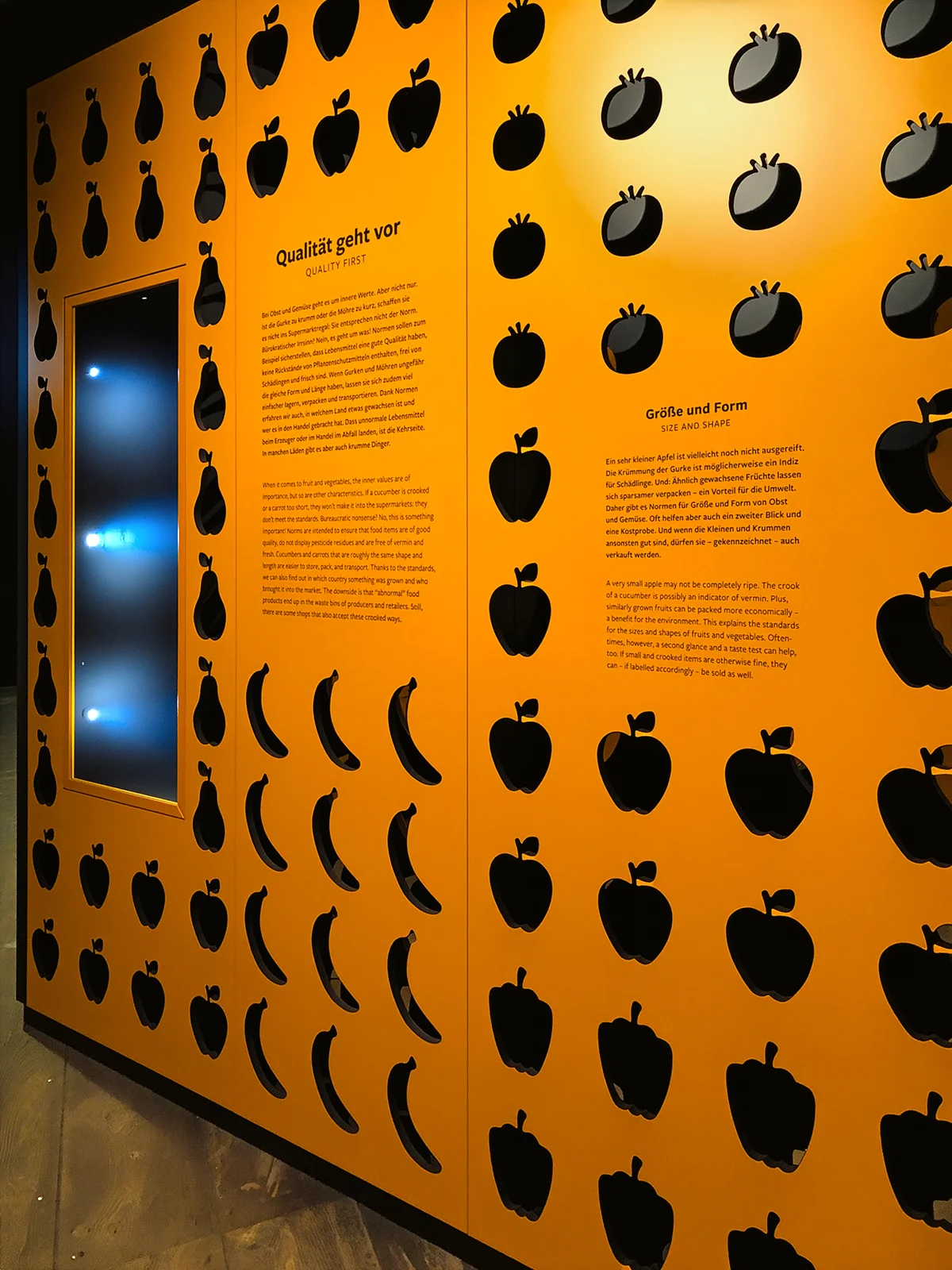 Deutsches Gartenbaumuseum Ausstellungsfoto DIN Wand mit ausgeschnittenem Obst